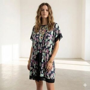 Rochas silk tie-waist abstract printed summer resort dress - size FR 42 (US 12)